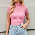 thumbnail image 2 of MIXUE Boho Tops For Women Summer Solid Color Mesh Round Neck Short Sleeve Fashion Casual Party Pullover Shirts For Women T Shirts Holiday Wear,Pink,L, 2 of 9