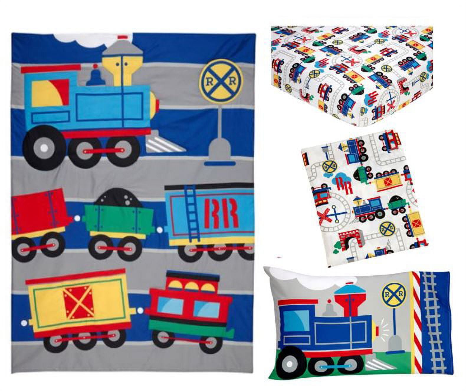 Everything Kids Trains 4 Piece Toddler Bed Set, Comforter Pillowcase, Top Sheet, Fitted Sheet, Boy