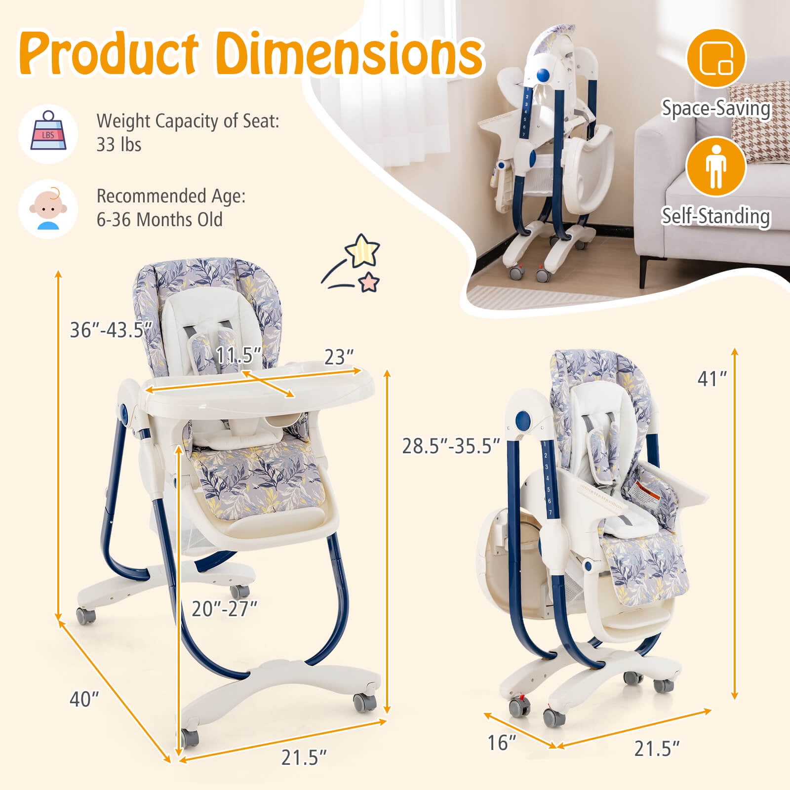 Infans High Chair for Babies & Toddlers w/ Rolling Wheels Adjustable Height Footrest