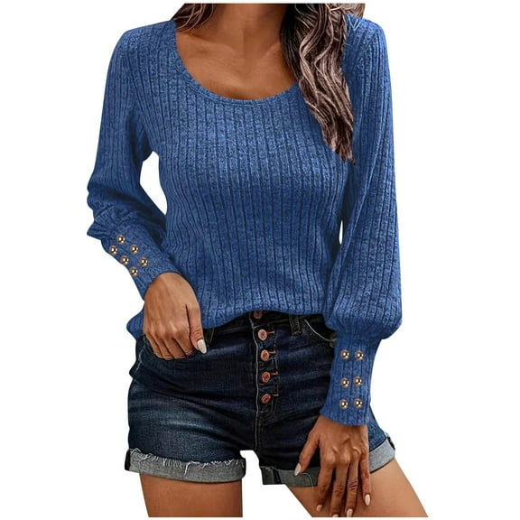 Perfectbot Sweaters for Women Puff Long Sleeves Crew Neck Ribbed Knit Tops Fall Dressy Tunic Blouse