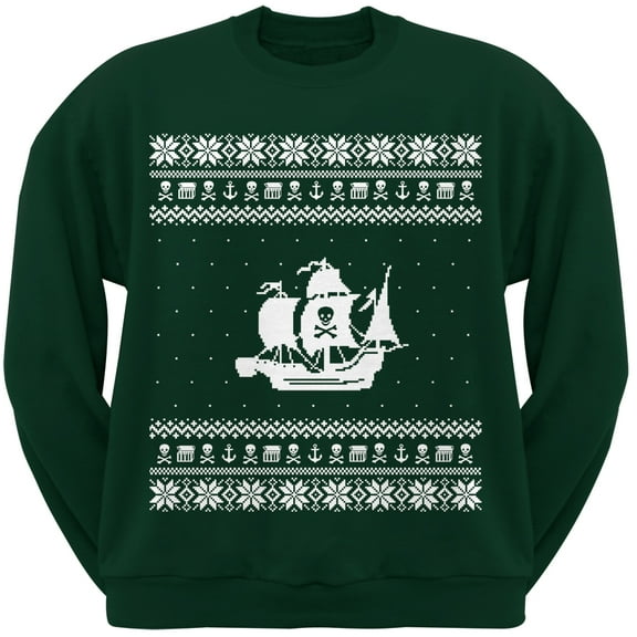 Pirate Ship Adult Green Crew Neck Sweatshirt