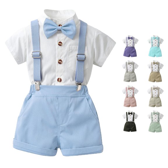 CUZIBR Boys Summer Outfits Toddler Short Sleeve Solid Color Turndown Collar Button Down Shirt Tops Suspenders Shorts With Bowtie Child Kids Gentleman 4 Piece Clothes Suit Sets,Sky Blue,18-24 Months