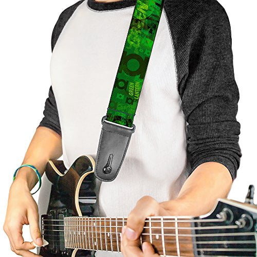 DC Comics Guitar Strap, Green Lantern Logo Collage Weathered Greens, 2 Inches Wide