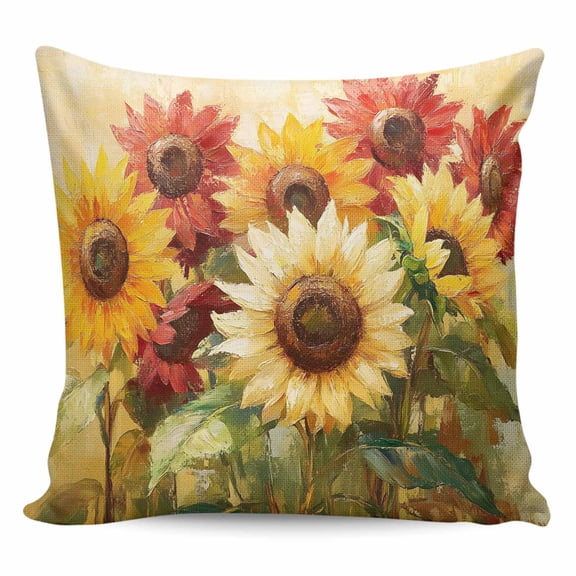 Throw Pillow Covers 24x24 Inch, Summer Sunflowers Decorative Pillow Cases for Couch Sofa Bed, Abstract Oil Painting Red Yellow Floral Cotton Linen Square Home Decor Pillowcases with Hidden Zipper