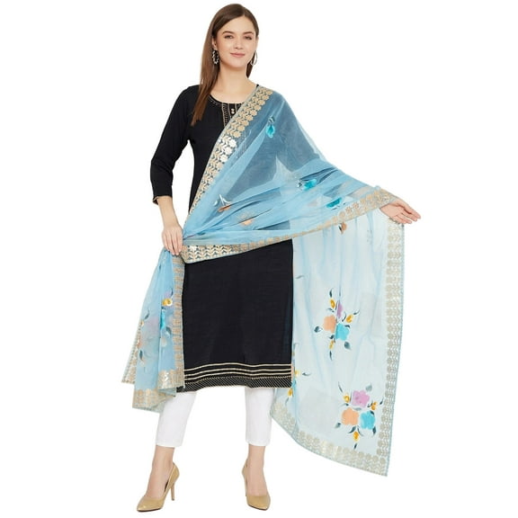 eloria Floral Off White Woman's Indian Ethnic Chunni, Dupatta, Stole, Scarf Shawl Wrap Gotta Patti, Tafata Silk