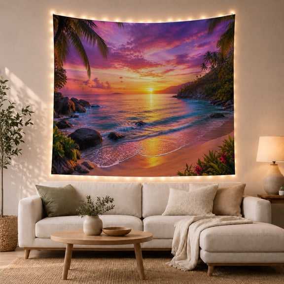 Tropical Beach Sunset with Palm Trees and Ocean Waves, Serene Boho for Beach Lovers, Coastal Nature Wall Art, Housewarming Gift Tapestry Wall Hanging for Living Room and Dorm