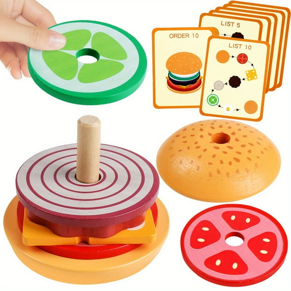 FNNMNNR Montessori Toys For 3 Year Old Wooden Burger Sorting Stacking Toys For Toddlers Preschool Educational Toys Fine Motor Toys For Kids Boys Girls (Burger)