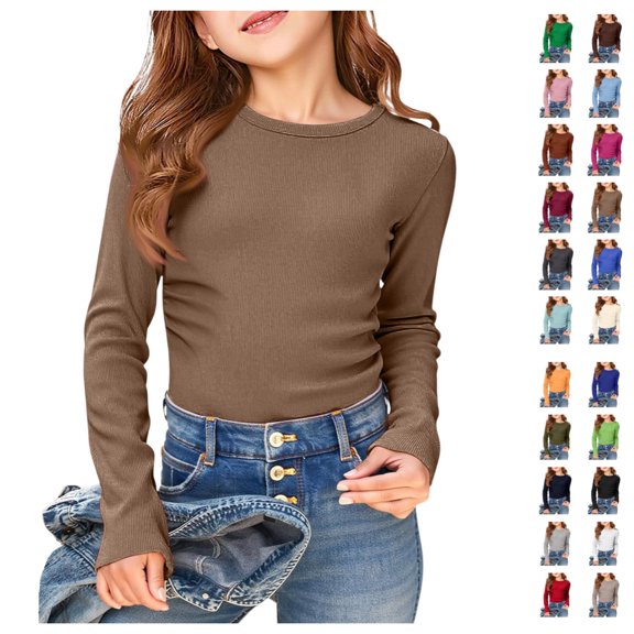 HNMKIU Girls Tops Long Sleeve Crewneck Stretch Basic Slim Fit Tee Casual Daily for Kids