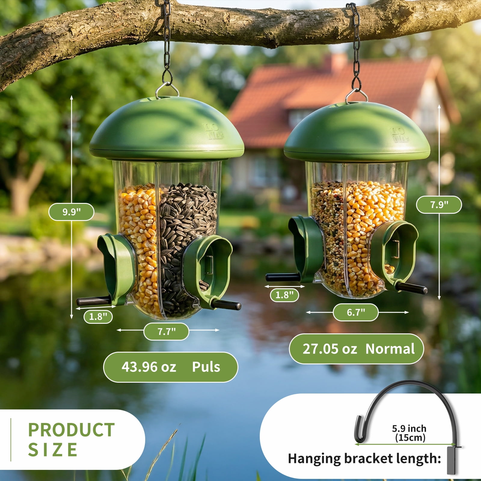 LONA Outdoor Tube Bird Feeder, 3-Compartment Hanging Bird Feeder with Weatherproof Dome & 3 Feeding Ports (Green)