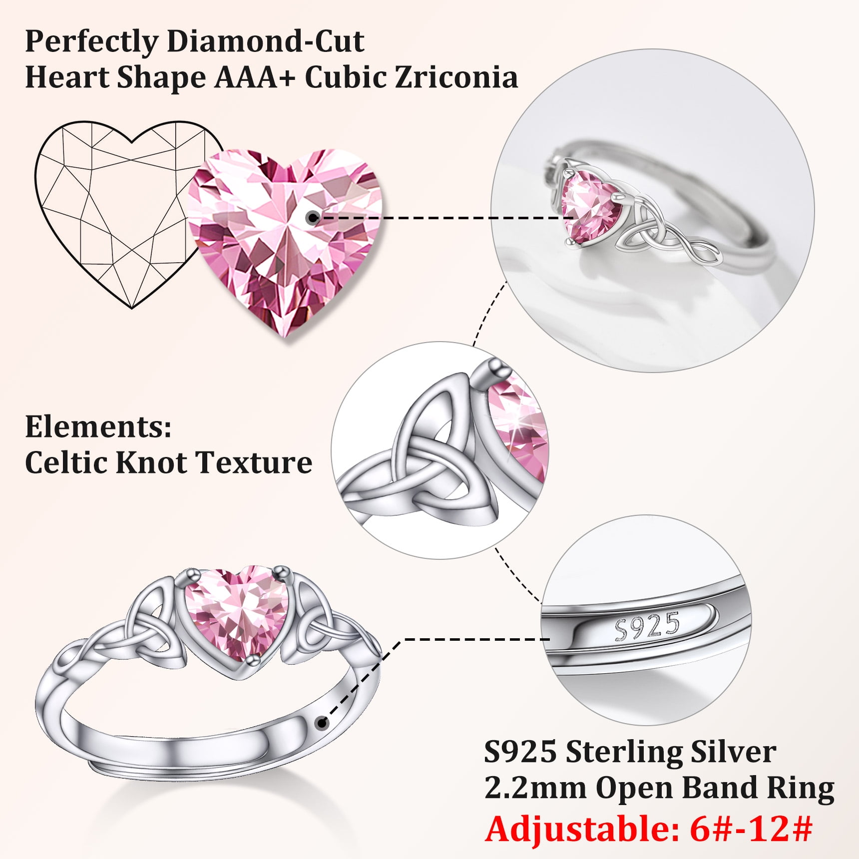 Bestyle Infinity Love Celtic Knot Rings for Women Pure 925 Sterling Silver Heart Rings October Pink Tourmaline Rings for Mom Daughter Wife Girlfriend