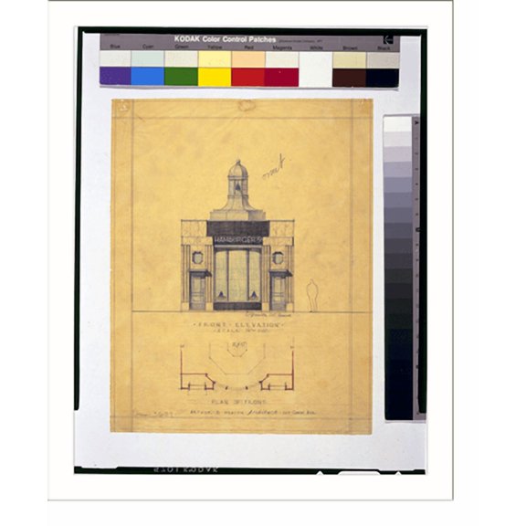 Historic Print, [Hamburger restaurant for Blue Bell System, Inc., 1011 D Street, N.W. at Pennsylvania Avenue, Washington, D.C. Front elevation, plan of front].Arthur B. Heaton, architec…16" x 20"