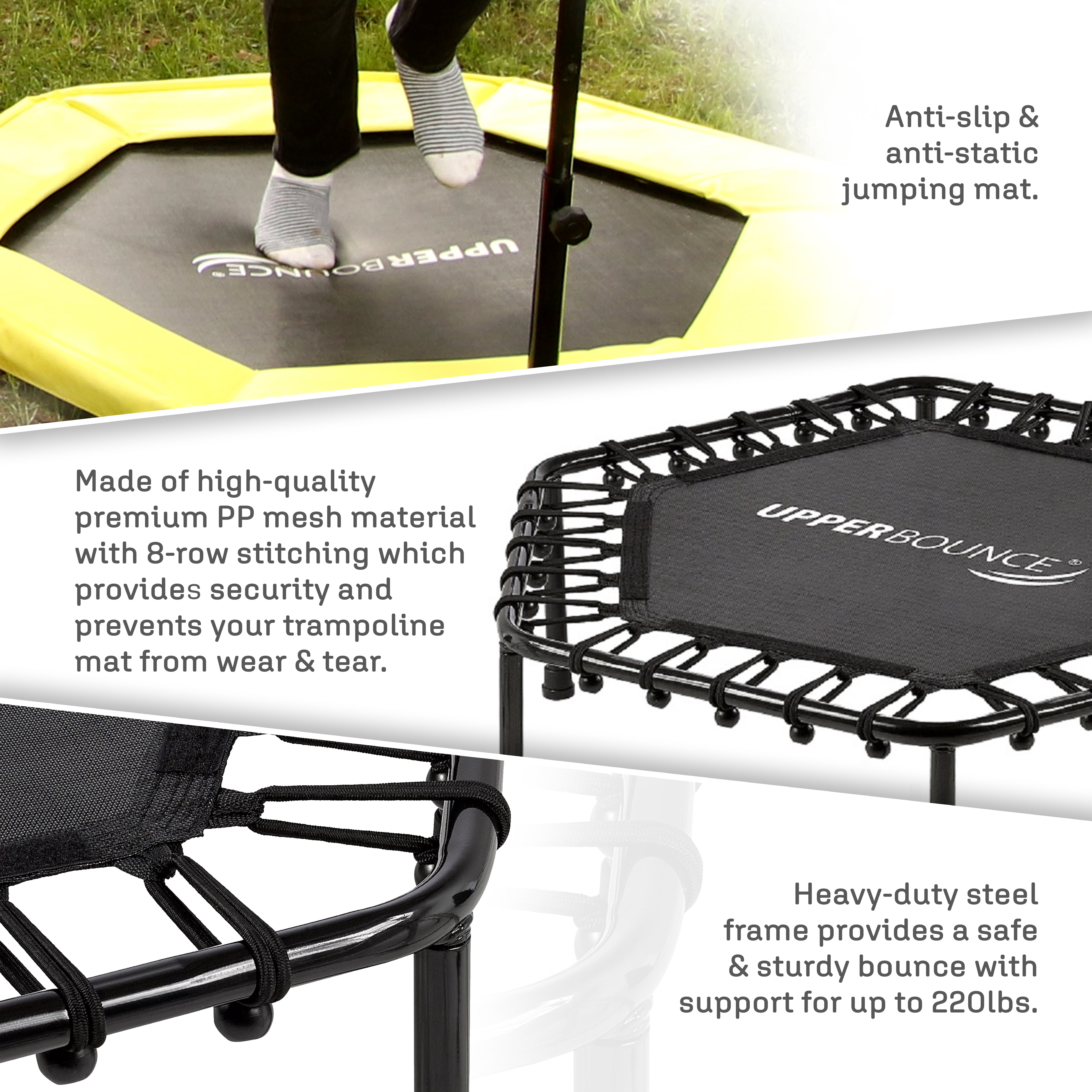 Upper Bounce 50" Mini Trampoline with Adjustable T-Shaped Handrail – Hexagonal Rebounder Fitness Trampoline for Kids & Adults - Yellow