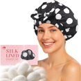 thumbnail image 1 of Gorro de ducha LitBear de lujo con forro de seda impermeable con lunares negros, 1 of 8