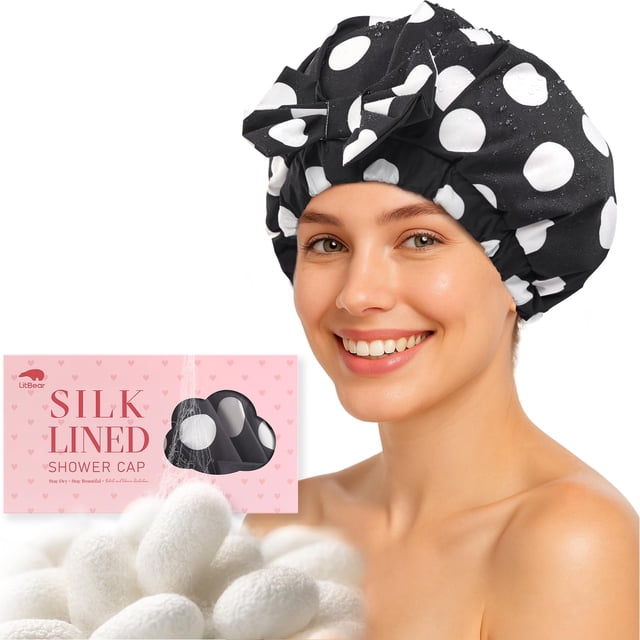 Gorro de ducha LitBear de lujo con forro de seda impermeable con lunares negros