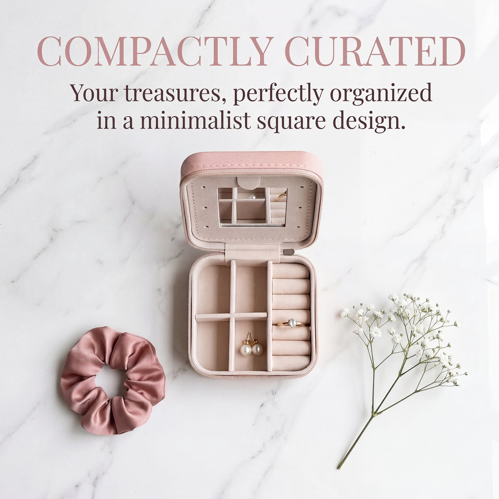 Travel Jewelry Box with Mirror Small Portable PU Leather Organizer Gifts Nude Pink