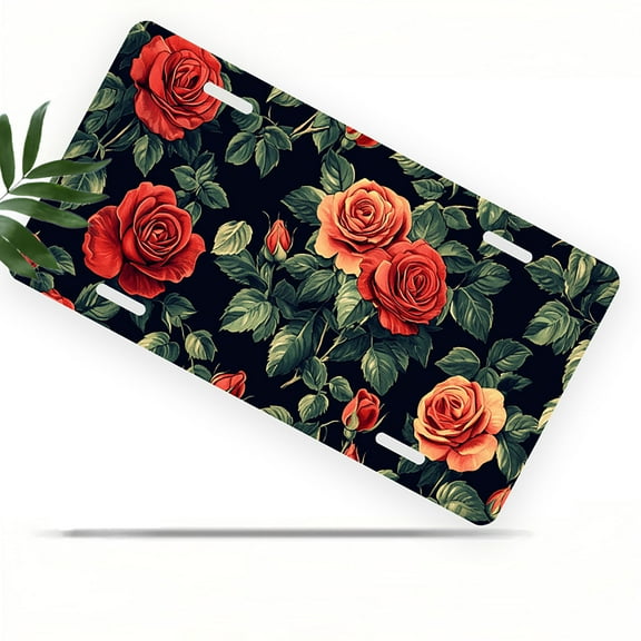 Red Roses Pattern Front License Plate, Metal License Plate, Funny Standard Plates Personalized Novelty Decorative For Men/Women/Boys/Girls Car 6×12 Inch
