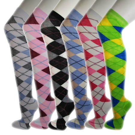 Over Knen Leg Warmer Fashion Design Cotton Thigh High Stockings Cosplay Socks - 6 Pair Combo (Argyle)