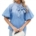 thumbnail image 2 of Camisa Vaquera de Cuello Alto con Botones y Lazo para Mujer, Mangas Abullonadas Elásticas, Corte Holgado, Top Corto de Mezclilla. Azul XL, 2 of 10