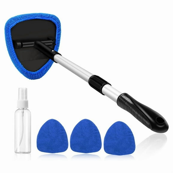 Car Windshield Cleaning Tools, Reusable and Washable Microfiber Pad Retractable Handle Glass Wiper Kit, Blue