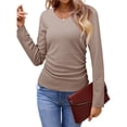 thumbnail image 1 of Tops Casuales para Mujer, Cuello en V, Camisas de Larga, Túnicas Básicas con Frunces Lisos, Blusas Caqui M, 1 of 7
