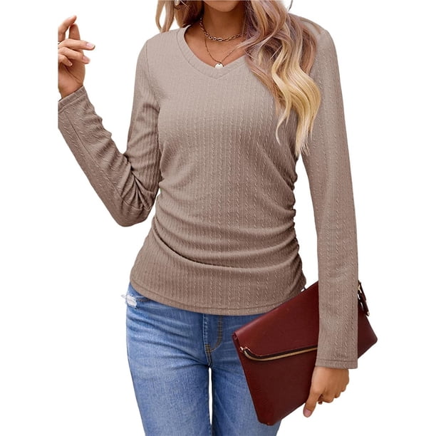Tops Casuales para Mujer, Cuello en V, Camisas de Larga, Túnicas Básicas con Frunces Lisos, Blusas Caqui XL