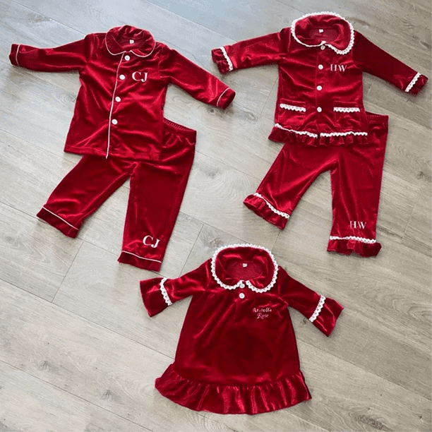 Mudbala Red Velvet Christmas Pajamas Set Kids Girls Boys Long Sleeve Winter Lace Sleepwear