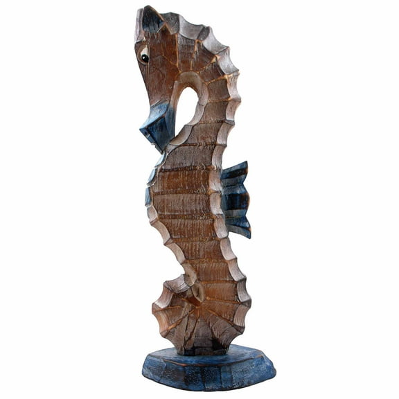 Stoneage Arts Inc 12" Blue and Brown Wooden Seahorse Statue