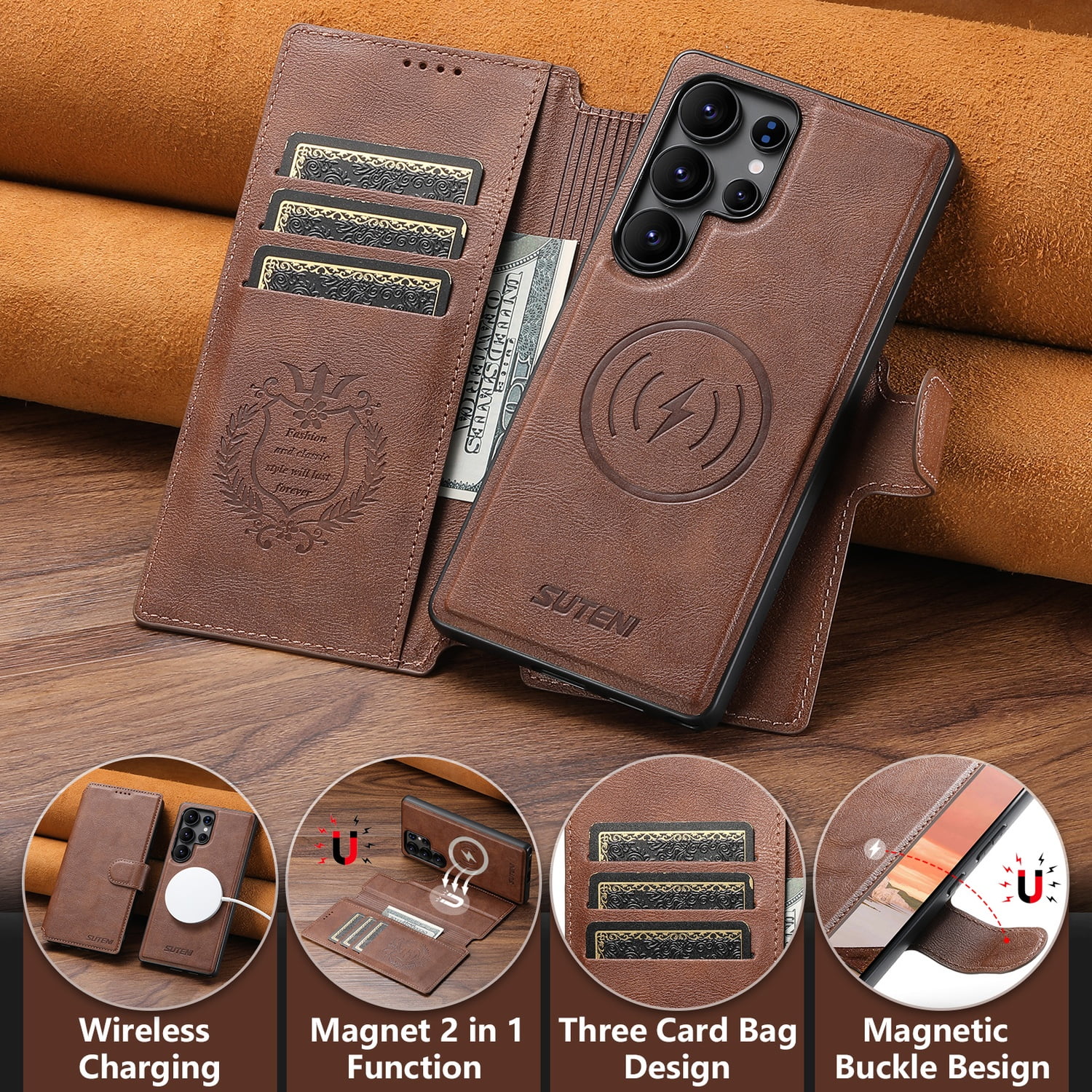 for Samsung Galaxy S24 Ultra Detachable Wallet Case, PU Leather Magnetic Cover Support Wireless Charging & Magnetic Car Mount, Card Slots Holder, Flip Stand, Folio Protective Phone Shell, Brown