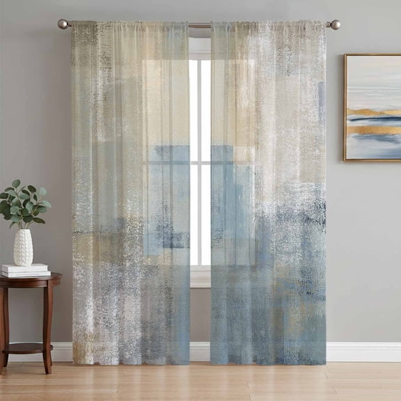 Sheer Curtains 84 Inches Long 2 Panels Set for Living Room, Blue Grey Beige Semi Sheer Curtains for Windows, Abstract Modern Art Oil Painting Voile Window Treatments Rod Pocket Curtain