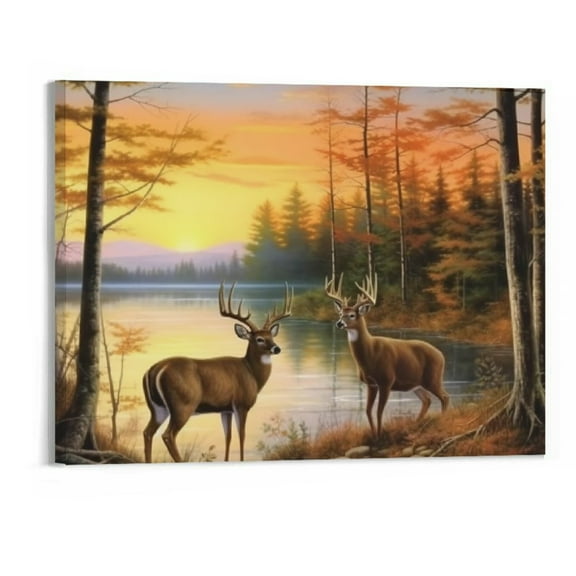 Creowell Yellow Autumn Landscape Wall Art Wildlife Canvas Print Painting Home Decor Golden Animal Deer Picture Living Dining Room Decorations Fashion Framed 20x16inch