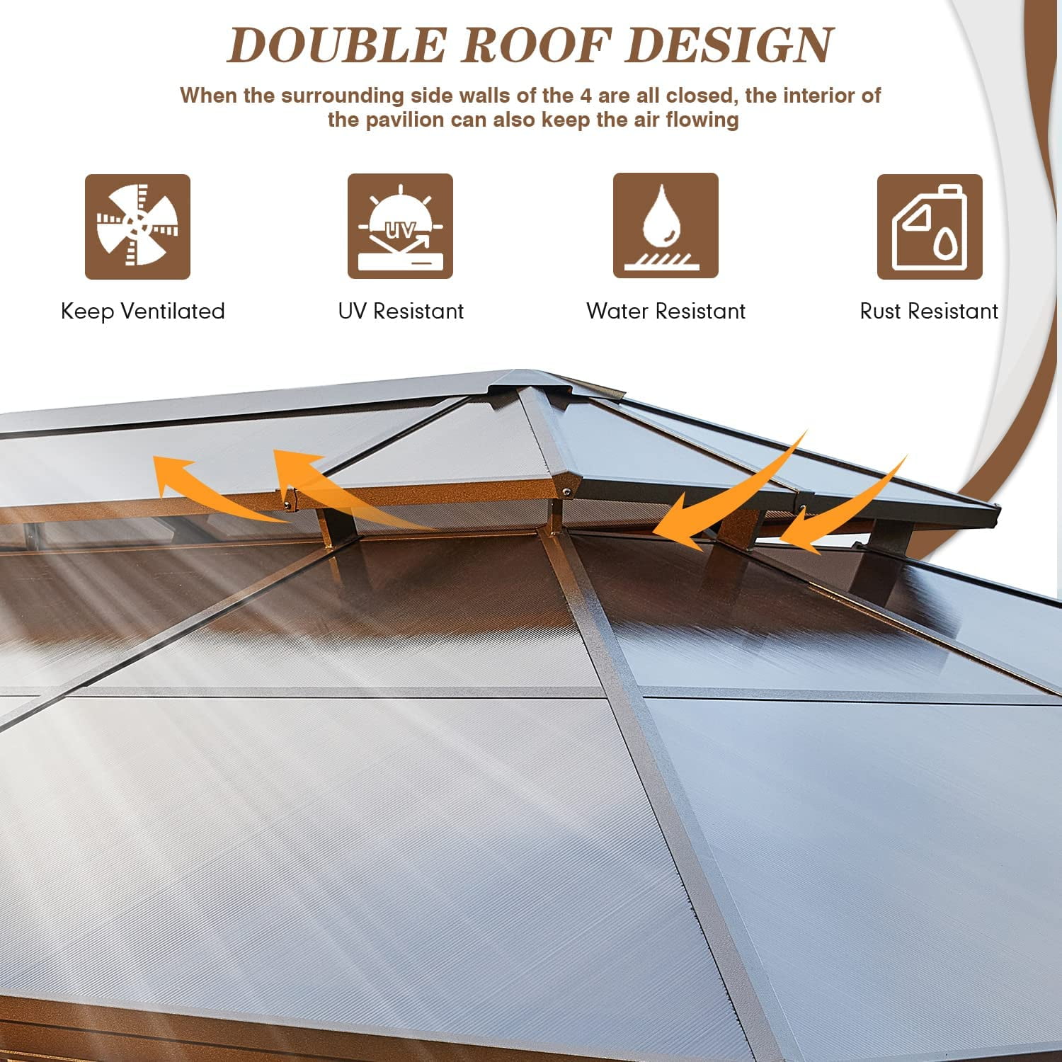 EROMMY 12'x20' Gazebo Polycarbonate Double Roof Canopy with Aluminum Frame, Outdoor Permanent Metal Pavilion with Netting and Curtains for Garden Patio Lawns