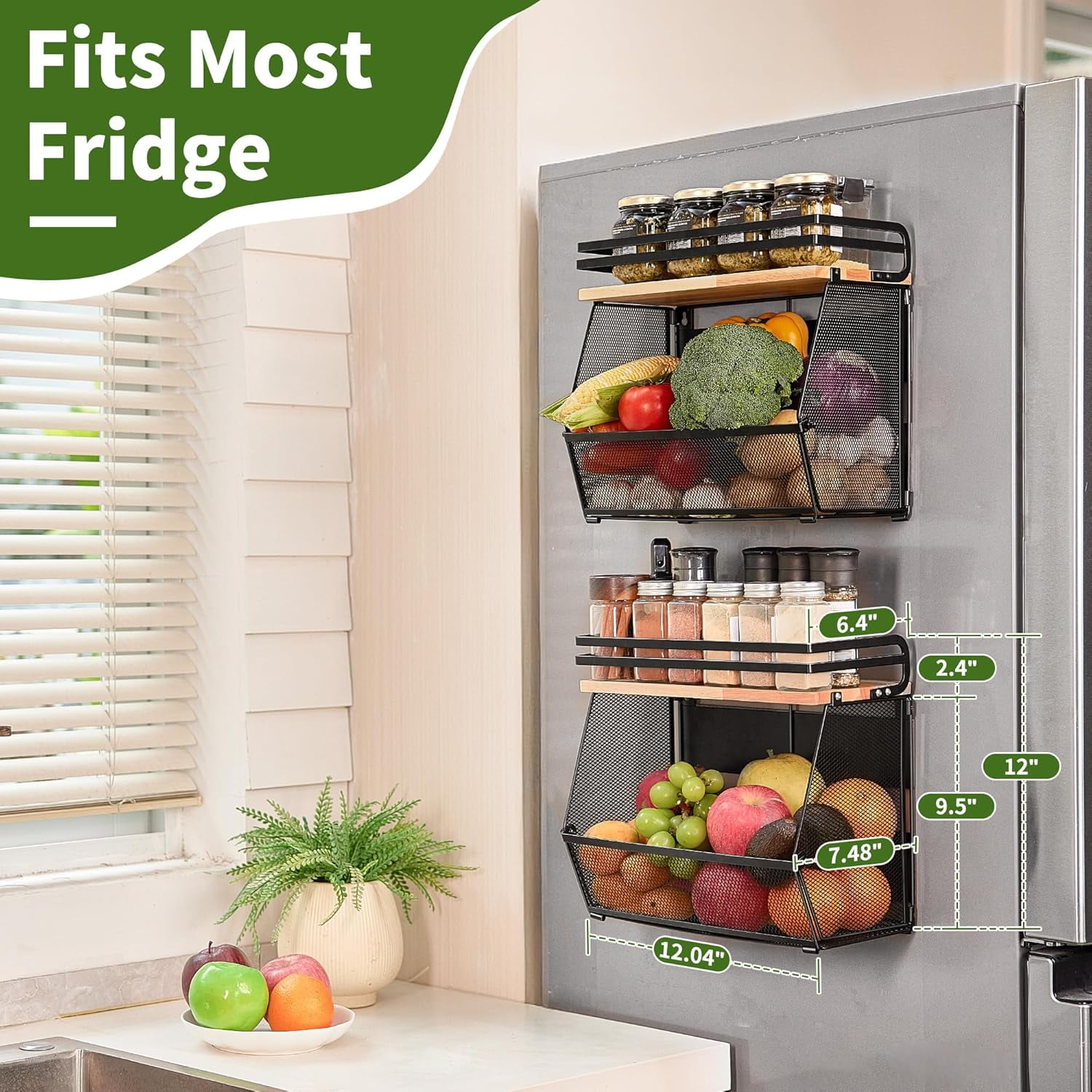 2 Pack Magnetic Shelf for Fridge with Wood Lid, Large Container Magnetic Fruit Basket Spice Rack, Potato Onion Storage Organizer Magnetics Shelves for Refrigerator, Kitchen Counter, Pantry
