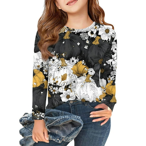 Abcomgle Girls Halloween Shirts 5t Spooky Maple Leaf Pumpkin Tee Shirts for Girls Crewneck Long Sleeve Shirts for Kids Girls Fall Funny Holiday Blouses for Girls,5-6 Years