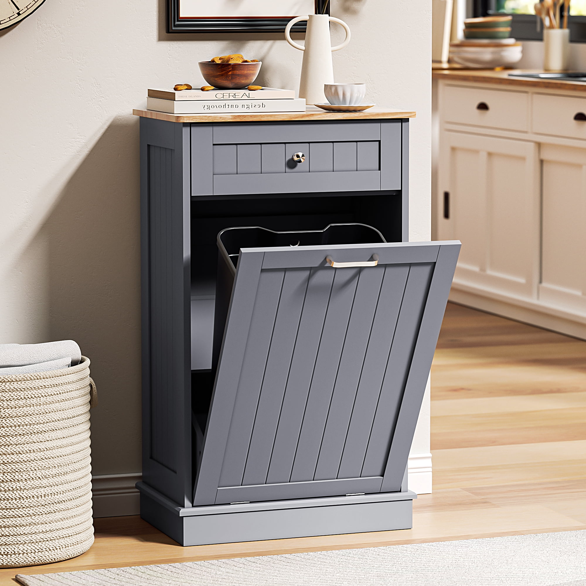 HARIPUL Single Tilt Out Trash Cabinet for 13 Gallon Waste Bin, Free Standing Kitchen Trash Can Cabinet with Drawers, Blue