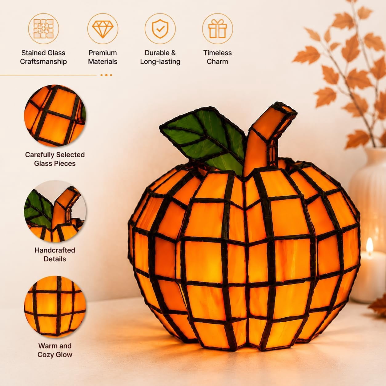 Stained Glass Pumpkin Lamp,Halloween Light with Warm Glow,Table Fall Decor