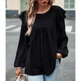 thumbnail image 3 of SWSMCLT Women's Long Sleeve Top Chiffon Cute Shirt Ruffle Loose Soft Crew Neck Summer Lantern Sleeve Blouses Black Small, 3 of 5