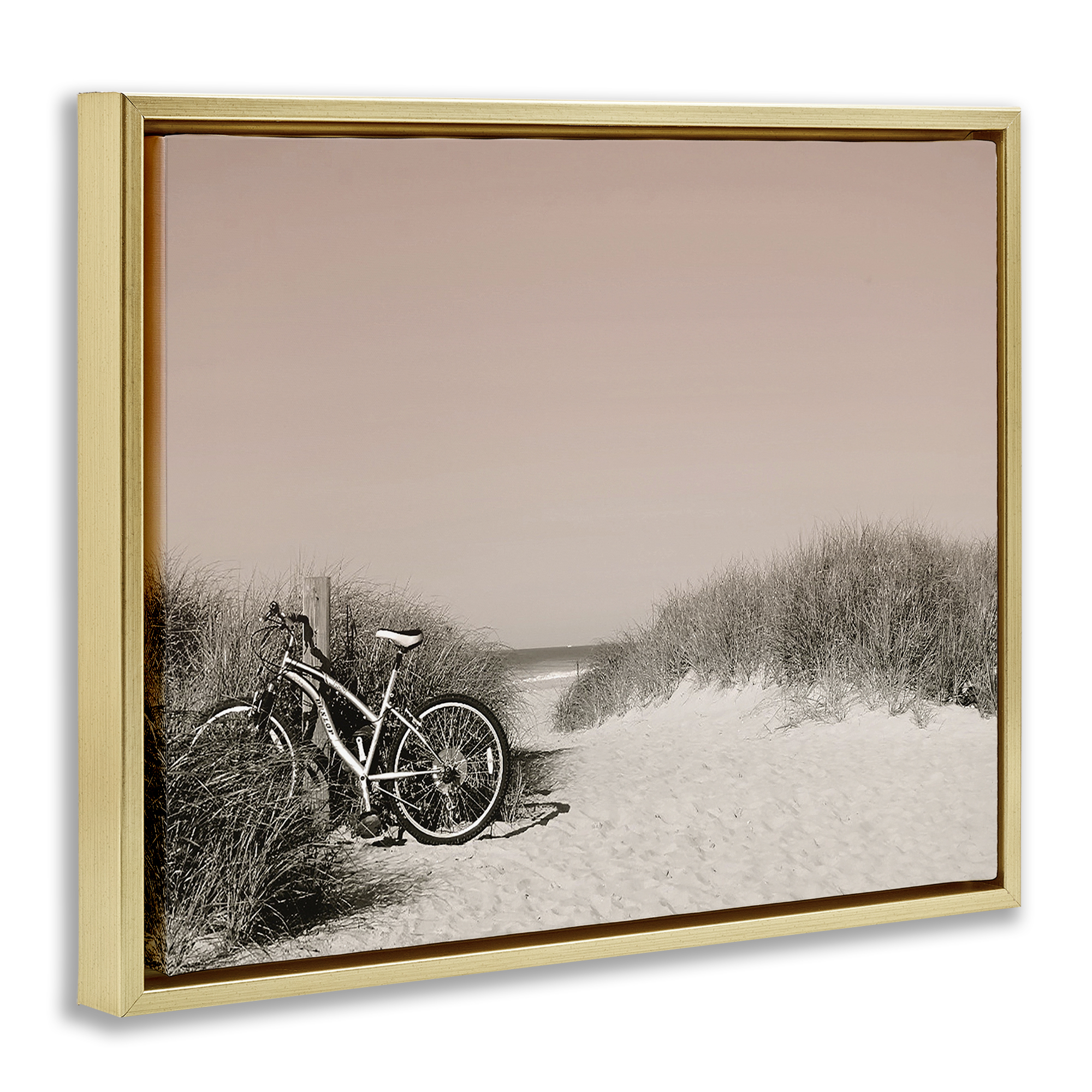 Stupell Industries Bicycle Ride Paused Nautical & Beach Photography Gold Floater Framed Canvas Art Print Wall Art, 21 x 17