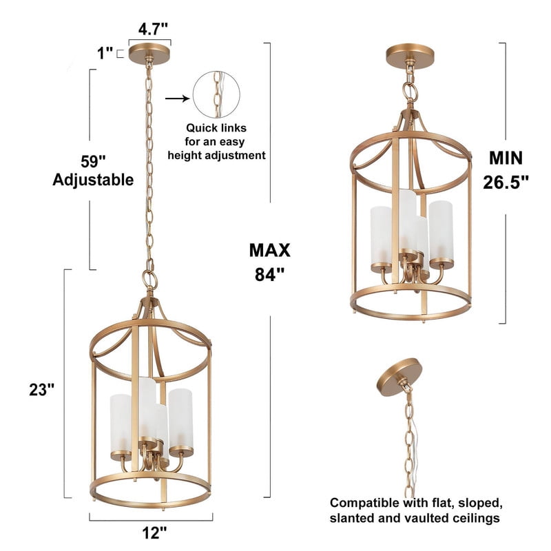 LNC 4-Light Matte Gold and Frosted Glass Modern/contemporary Frosted glass Cage Lantern Small Hanging Pendant Light