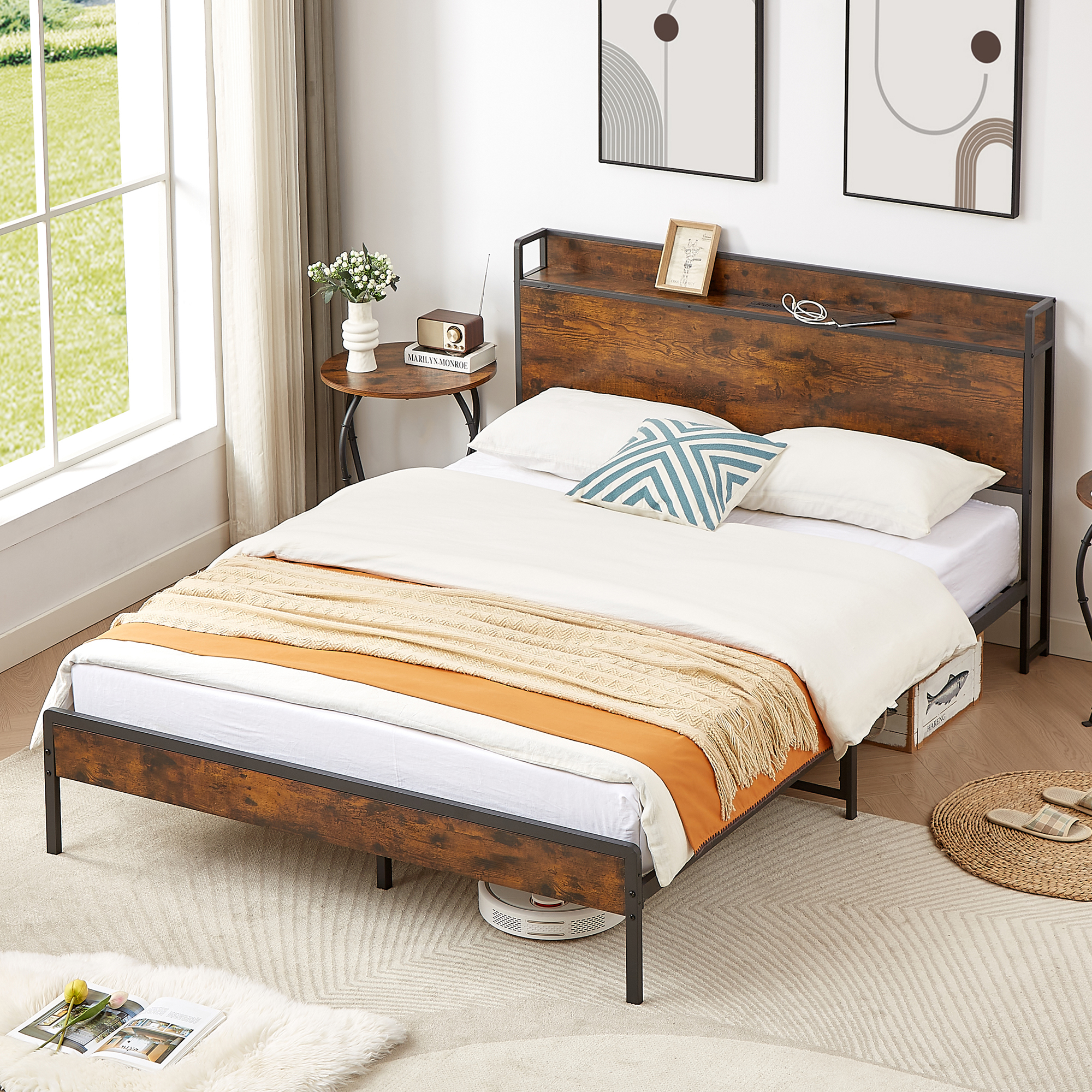 Gewnee Metal Full Size Bed Frame with Wooden Storage Headboard Shelf and Charging Ports,Rustic Brown