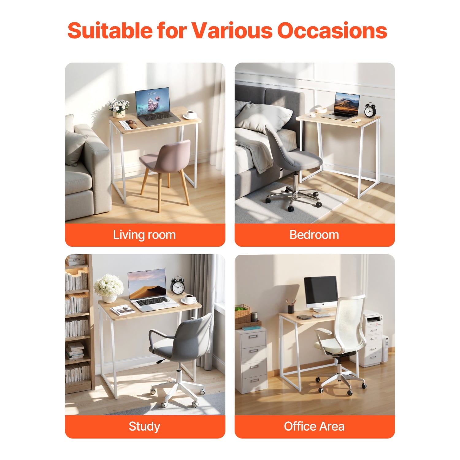KFFKFF Foldalbe Desk, 31.5" Small Desk with Storage Hooks, Space-Saving Computer Desk for Home Office, Simple Assembly, Oak Finish