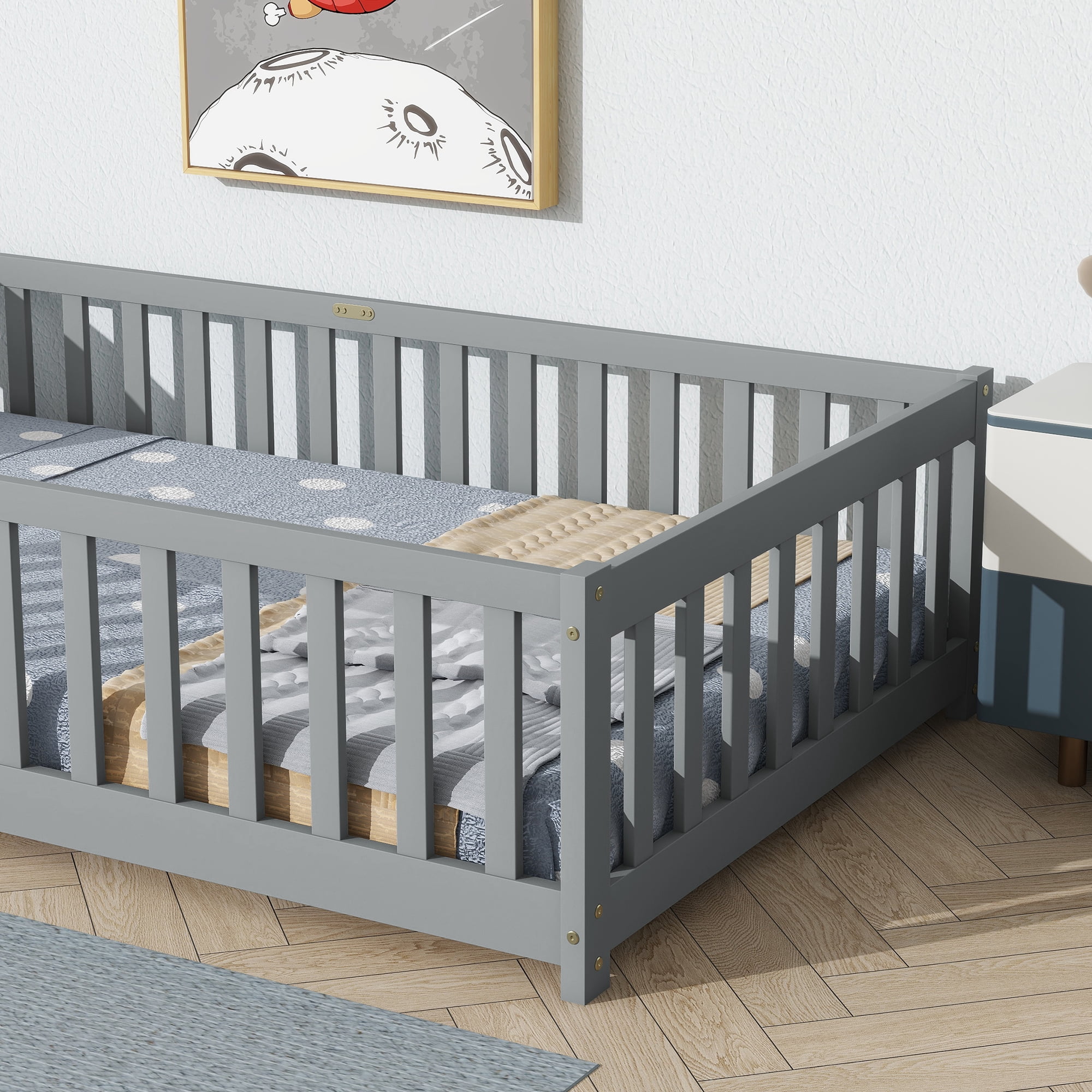Miniyam Wooden Twin Size Floor Bed with Safety Fence for Kids, Gray