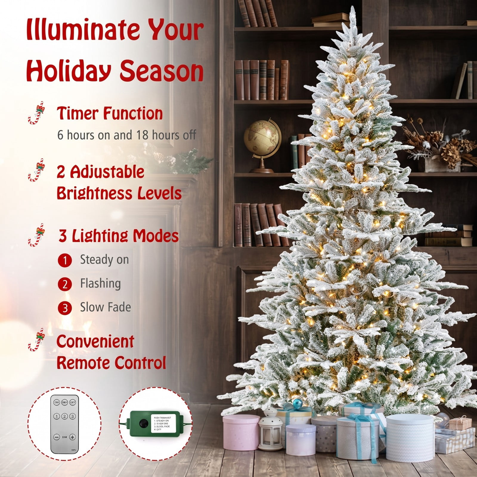 RUIE 8FT Snow Flocked Artificial Christmas Tree, Pre-Lit 800 Cool White LED Lights with Remote, Timer & Hinged Branches, Tall Holiday Tree, Green & White