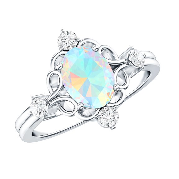 Rosec Jewels Vintage Style Ethiopian Opal Oval Engagement Ring - 1.2 Ct - AAA Quality - Opal Diamond Ring - with Jewelry Box, 925 Sterling Silver, US 4.00