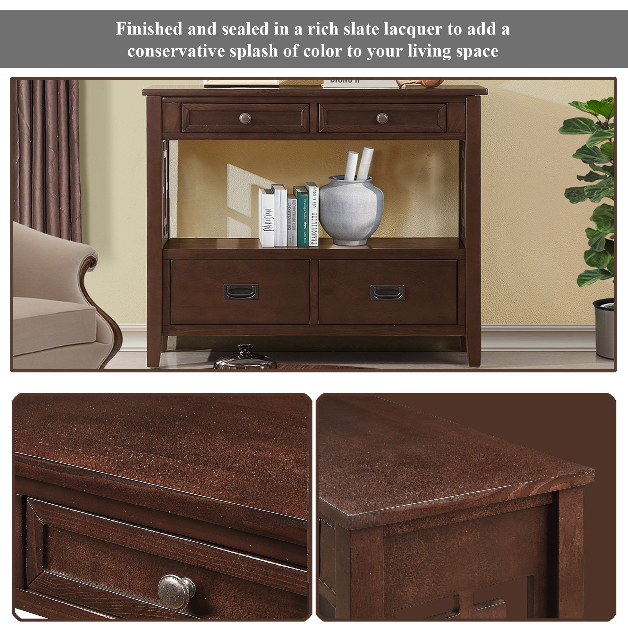 PORKISS Farmhouse Solid Wood Console Table, Entryway Table Hallway Table with 4 Drawers 1 Storage Shelf, Sofa Table for Living Room, Foyer, Espresso