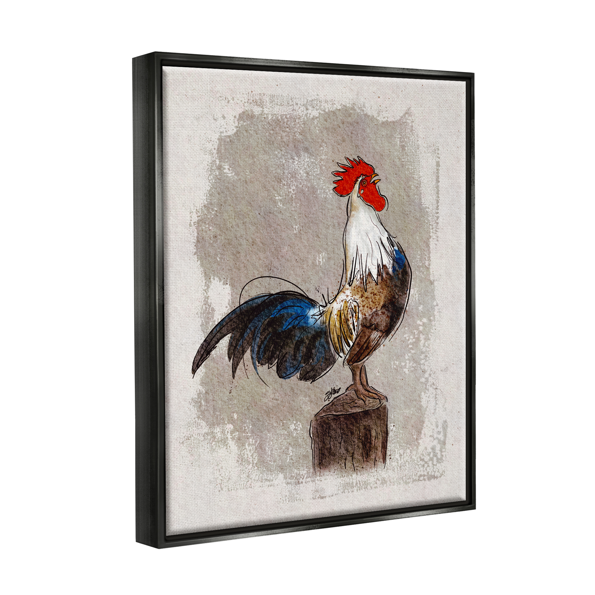Stupell Farmhouse Rooster Perched Painting Animals & Insects Painting Black Floater Framed Art Print Wall Art