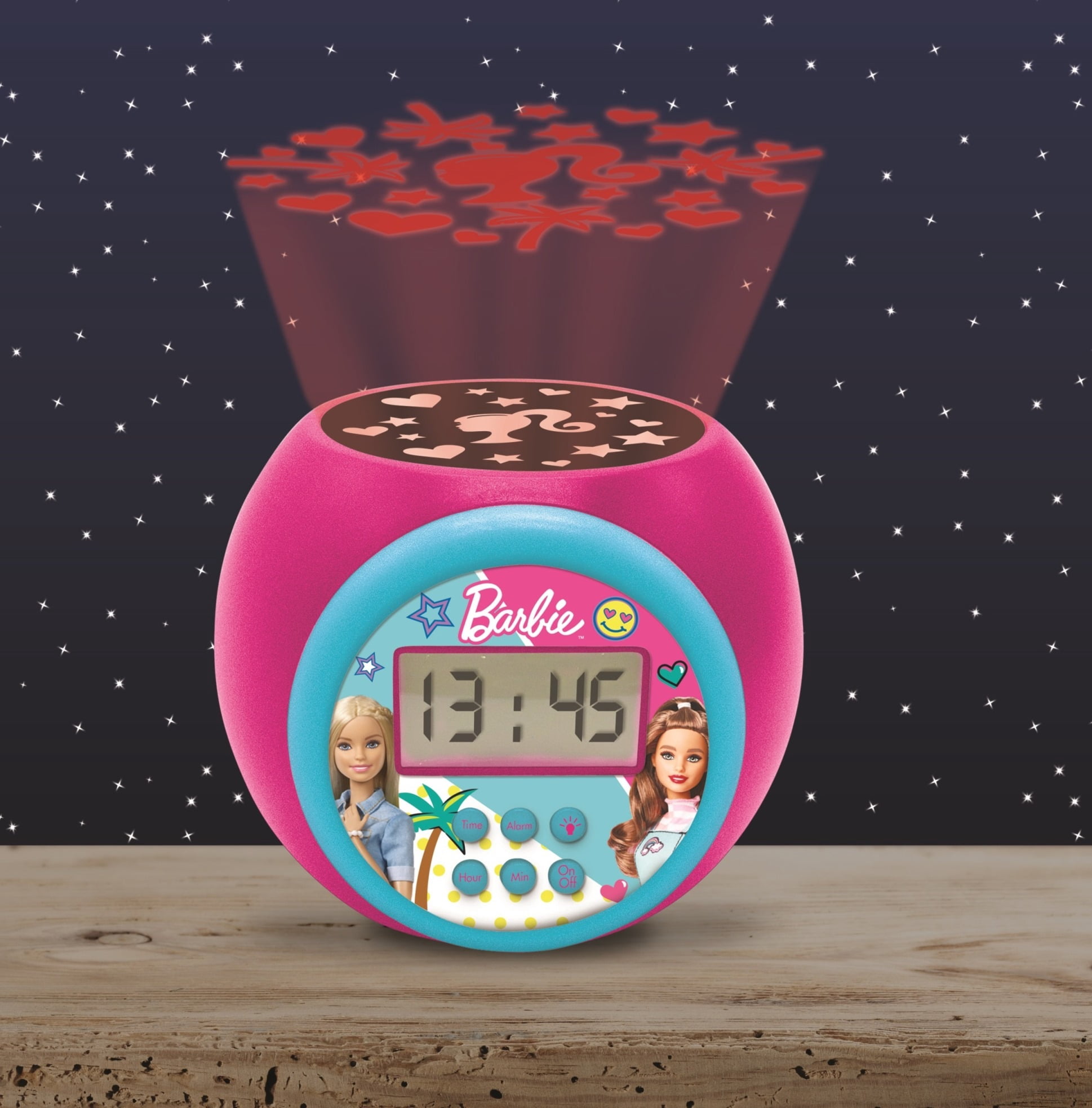 Lexibook, Barbie, Projector Alarm Clock with Alarm and Snooze Function, Night Light with Timer, LCD Screen, Battery Operated