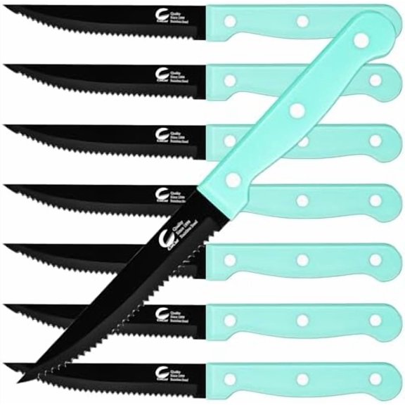 Steak Knife Set of 8, Triple Rivet Stainless Steel Serrated Dinning Knives, 4.5 Inch Sharp Black Coated Blade, Dishwasher Safe, Meat Knife for Dining Camping BBQ