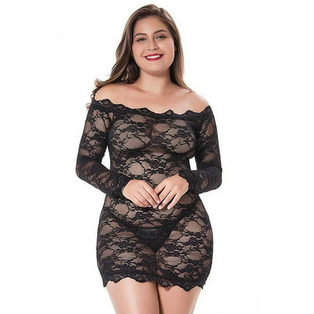 

GORHGORH Women Plus Size Pajamas Floral Lace Perspective Underwear Nightdress Sexy Lingerie with Thong