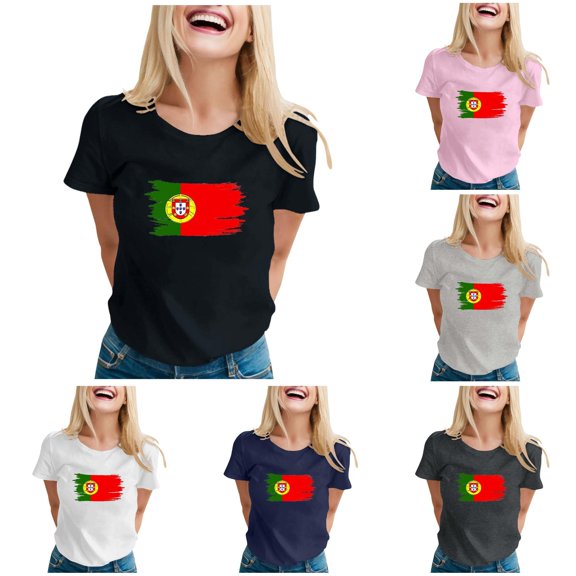 Trendfront Womens Portugal Graphic T Shirt Crewneck Short Sleeve Brush Flag Print National Pride Football Fan Match Day Casual Stadium Chic Tops