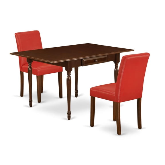 East West Furniture 1MZAB3-MAH-72 3Pc Dinette Sets for Small Spaces Consists of a Wood Dining Table and 2 Parsons Dining Chairs with Firebrick Red Color PU Leather, Drop Leaf Table with Full Back...